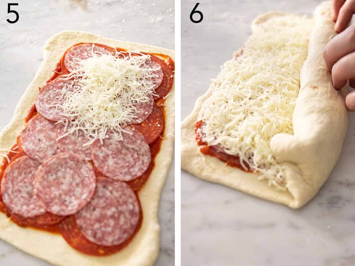 Set of two photos showing cheese added to the dough and rolled.