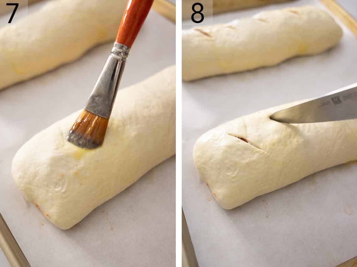 Set of two photos showing dough brushed with egg and scored.