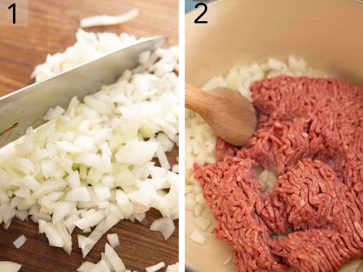 Set of two photos showing onions diced and ground beef added to a pot.