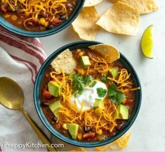 Pinterest graphic of an overhead view of taco soup with assorted toppings on top and scattered around.