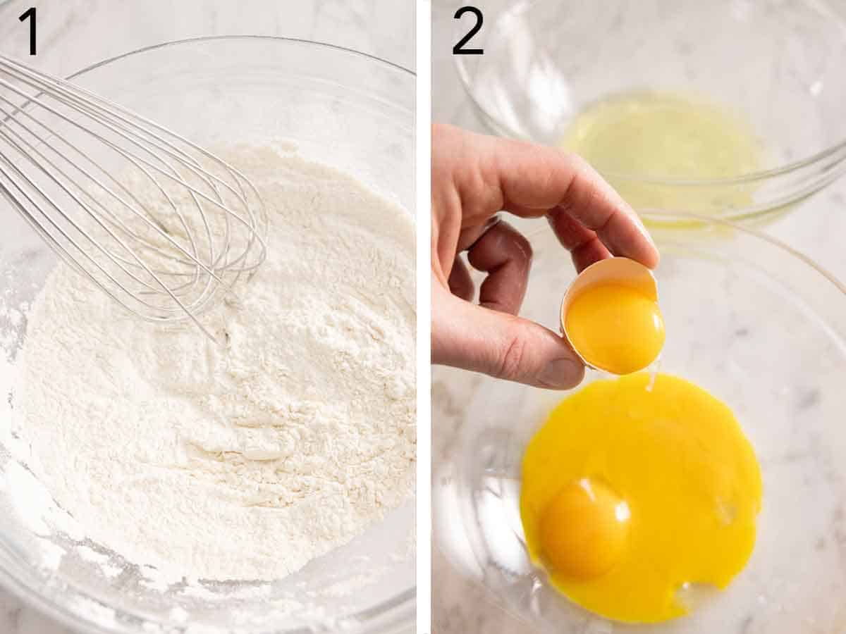 Set of two photos showing dry ingredients whisked and egg yolks separated.
