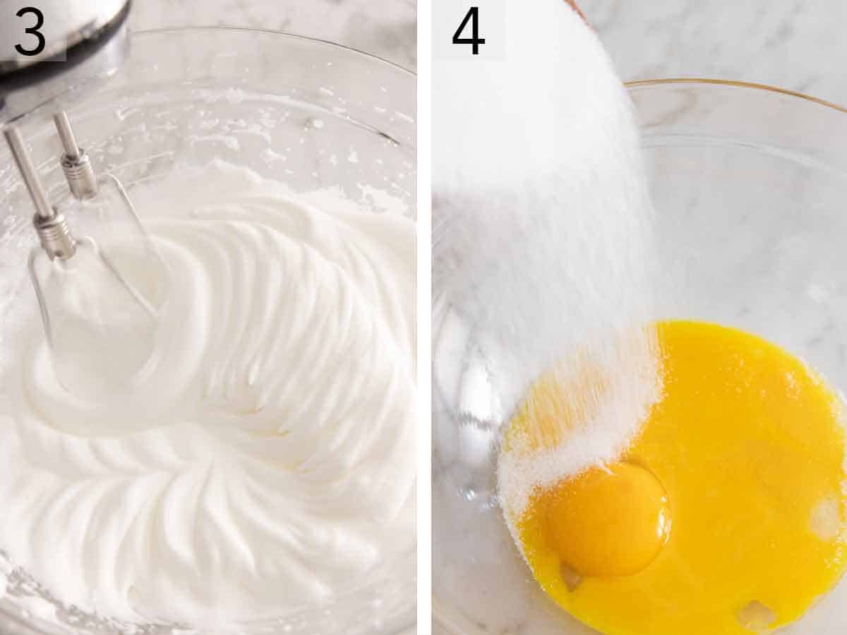 Set of two photos showing egg whites beaten and sugar added to egg yolks.