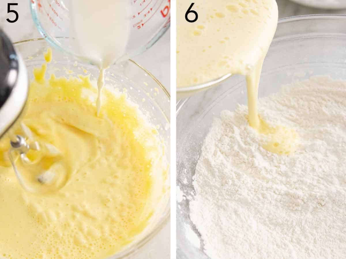 Set of two photos showing wet ingredients combined, then added to dry ingredients.