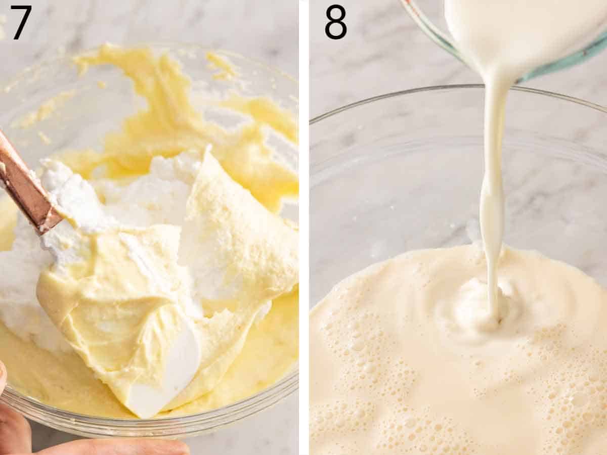 Set of two photos showing egg whites folded into the batter and syrup ingredients combined.