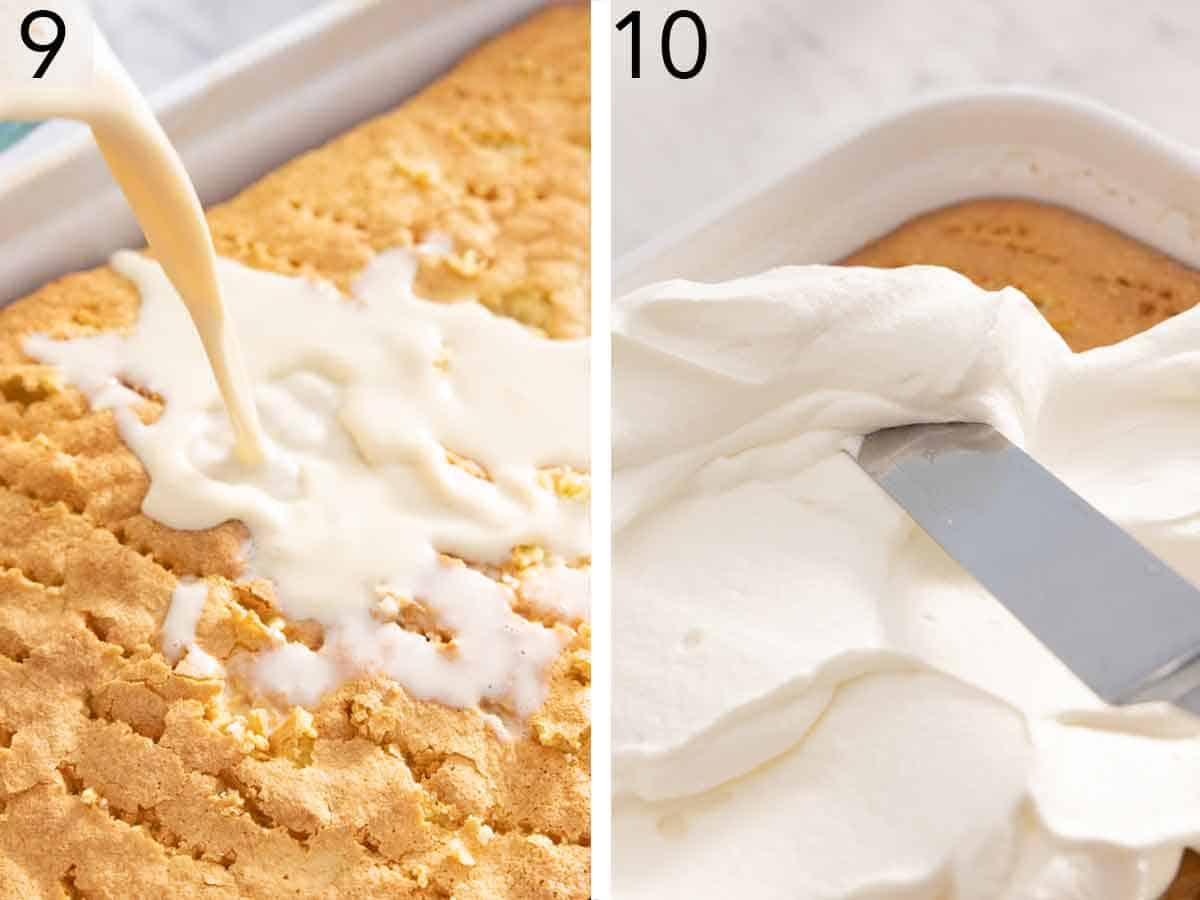 Set of two photos showing syrup poured over cake then frosting spread over top.