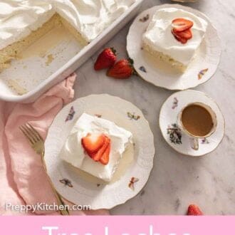 Pinterest graphic of an overhead view of a tres leches cake with two slices cut and served, topped with strawberries.