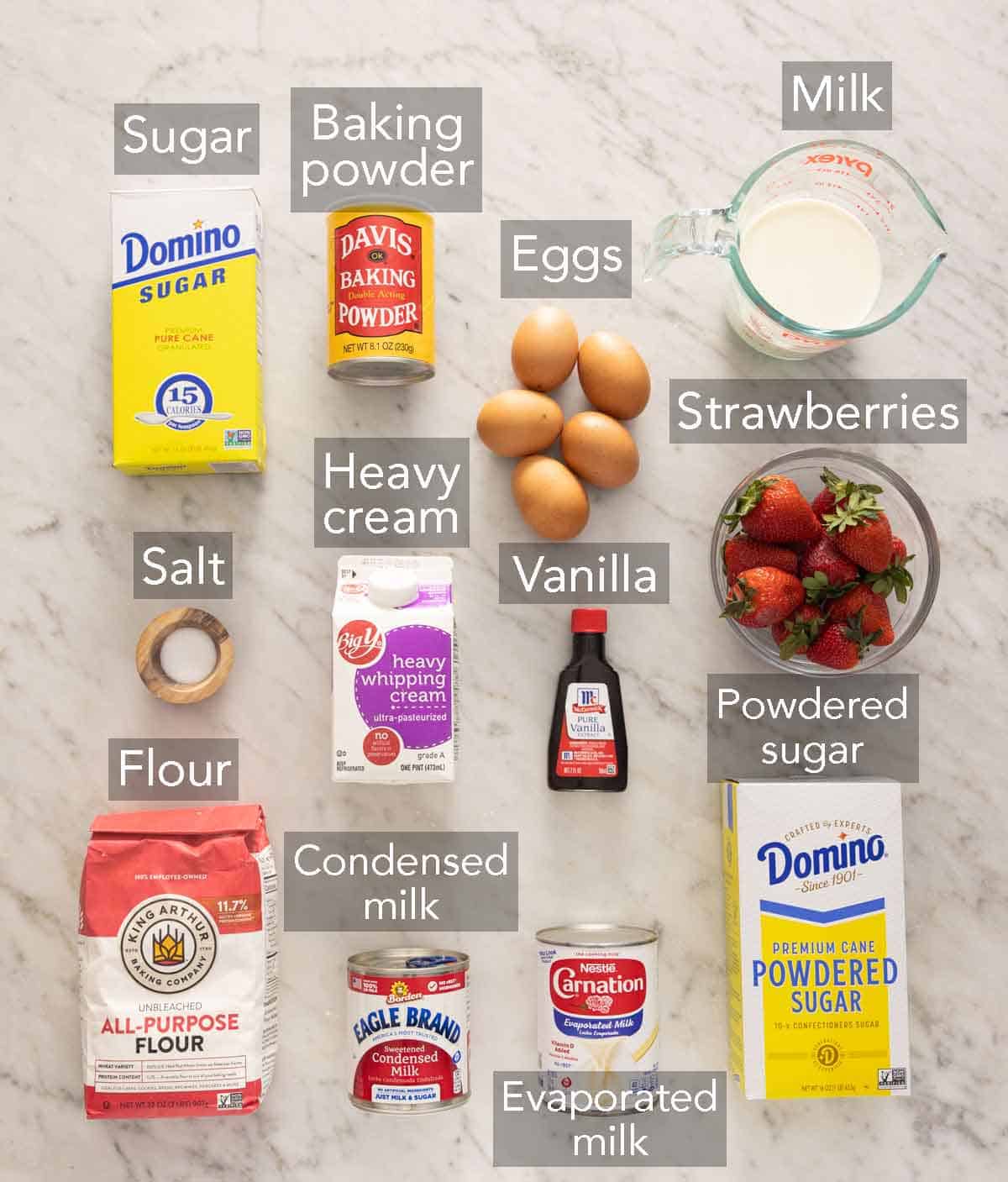 Ingredients needed to make tres leches cake.