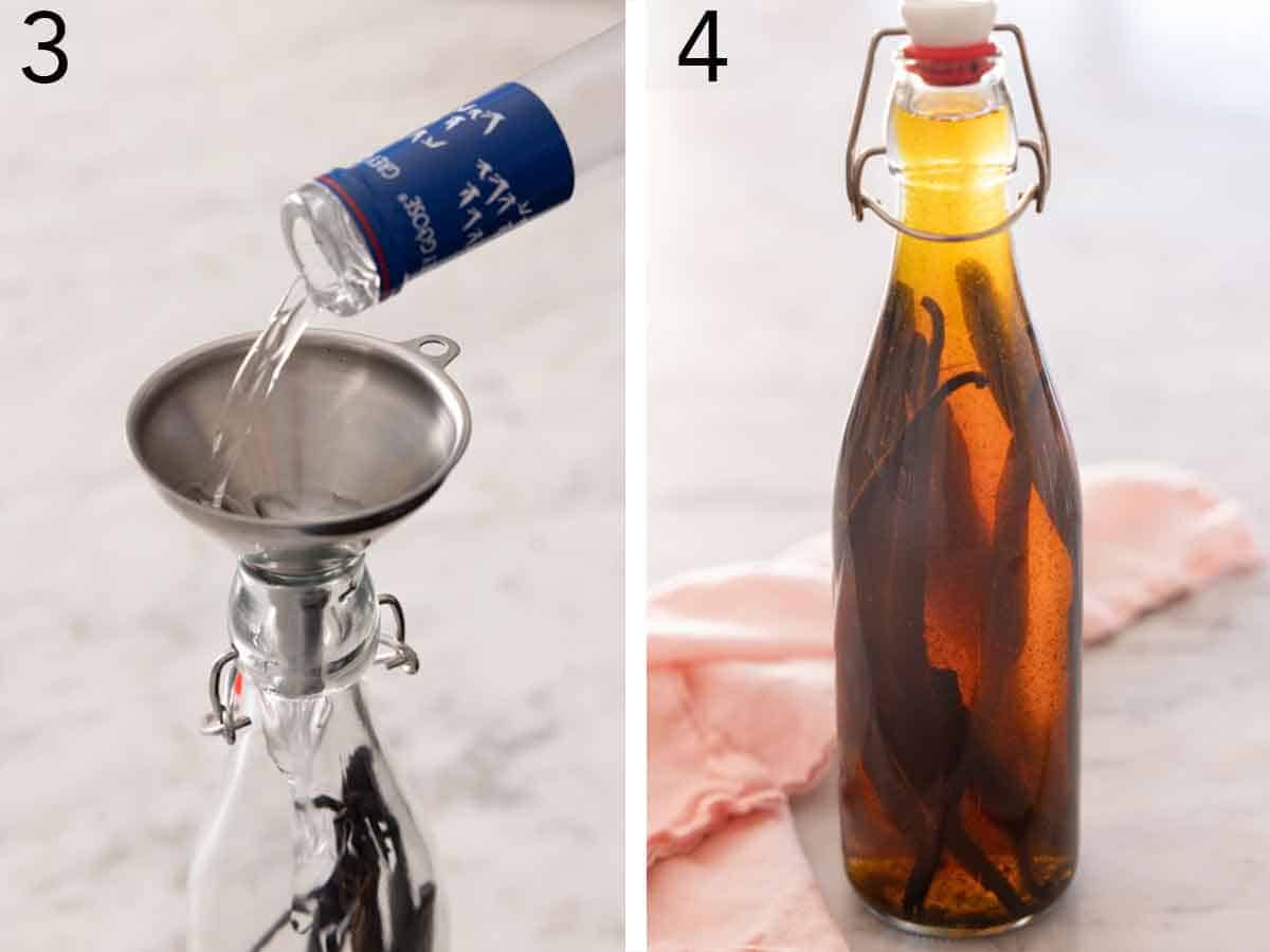 Set of two photos showing vodka poured into a jar and aged homemade vanilla extract.