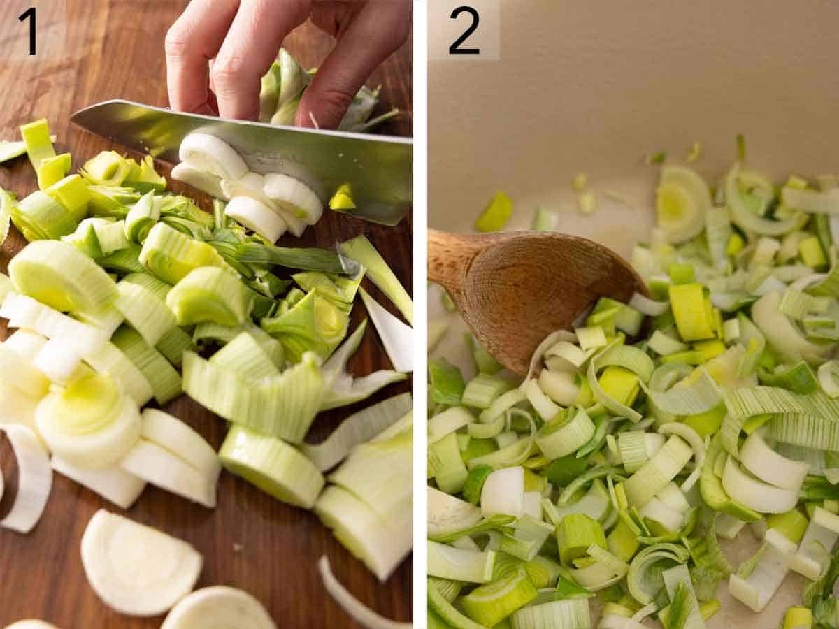 Set of two photos showing leeks diced and cooked in a pot.