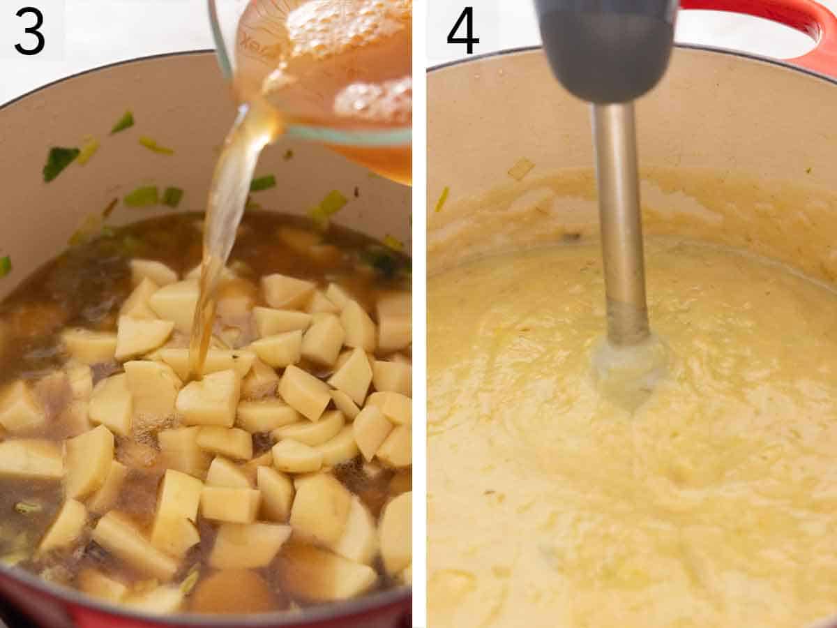 Set of two photos showing potatoes and stock added to a pot then pureed.