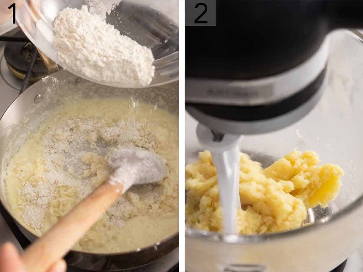 Set of two photos showing flour cooked on the stove and dough beaten in a mixer.