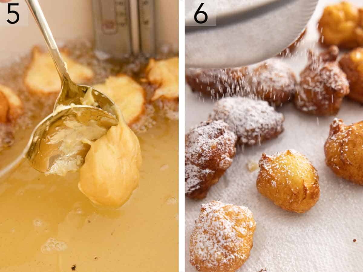 Set of two photos showing dough added to hot oil and dusted with powdered sugar.