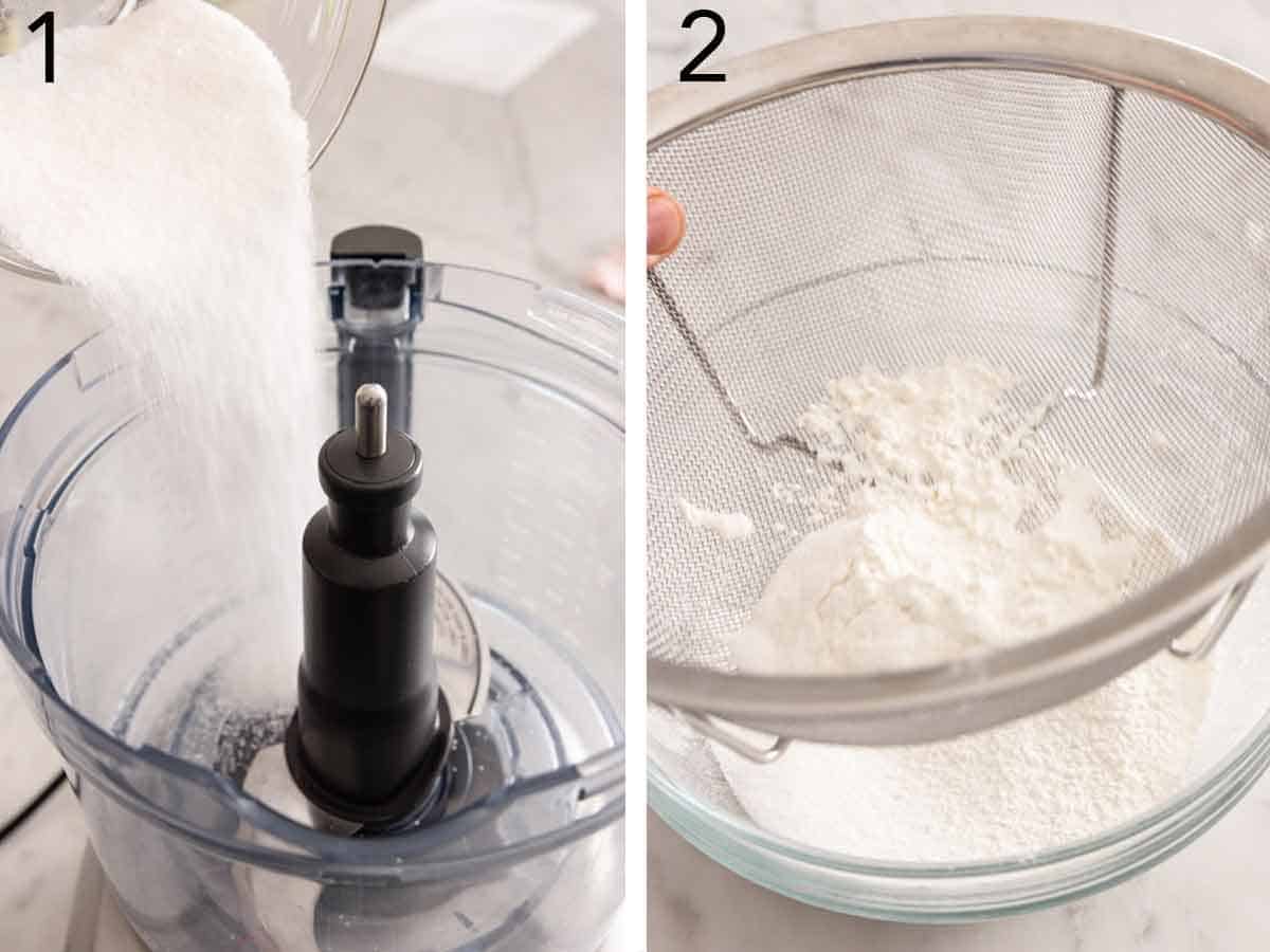 Set of two photos showing sugar added to to a food processor and flour sifted.