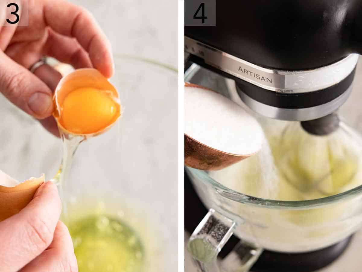 Set of two photos showing eggs separated and sugar added to a mixer.