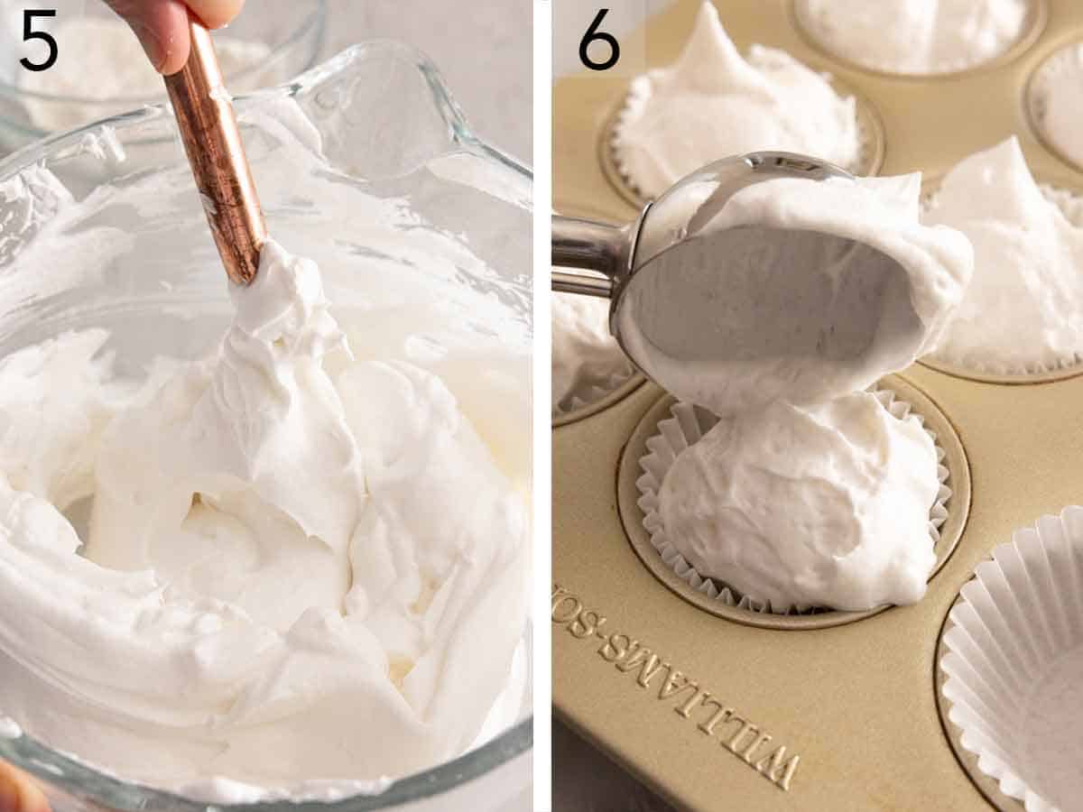 Set of two photos showing batter mixed and scooped into a cupcake tin.