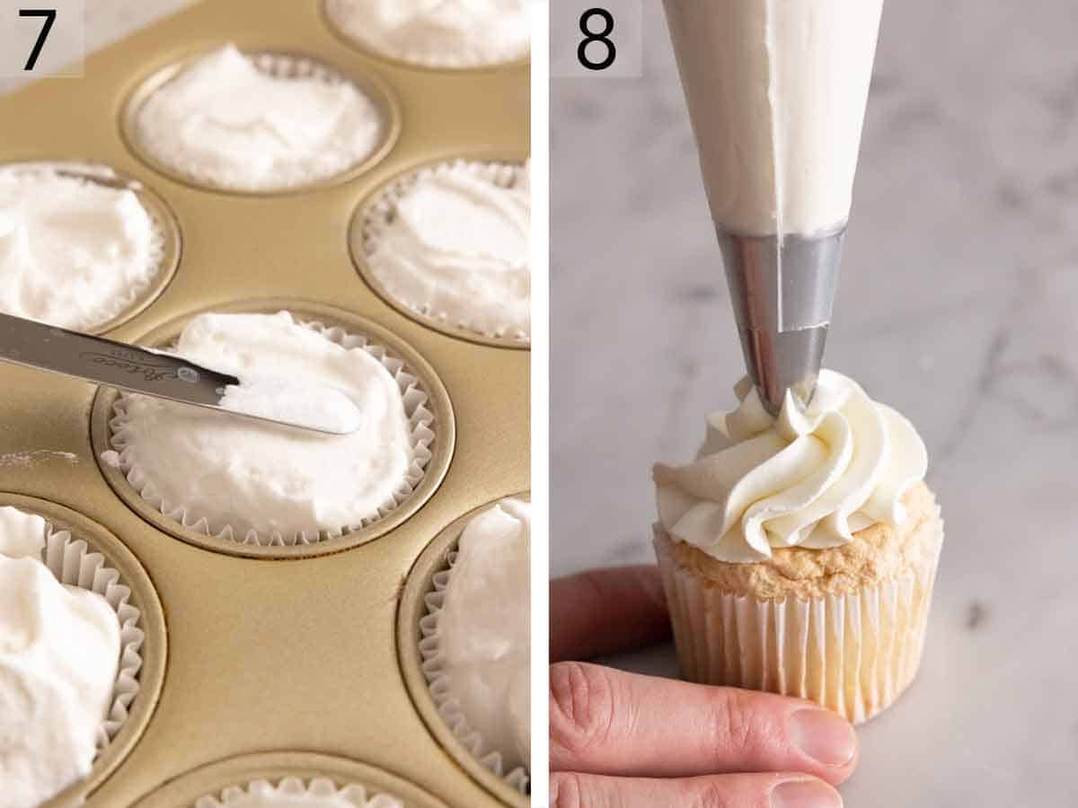 Set of two photos showing batter smoothed down and a cupcake frosted.