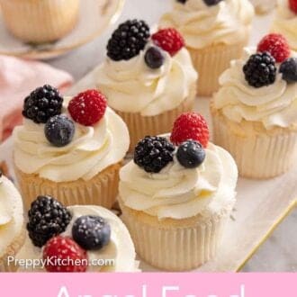 Pinterest graphic of multiple angel food cupcakes on a platter.