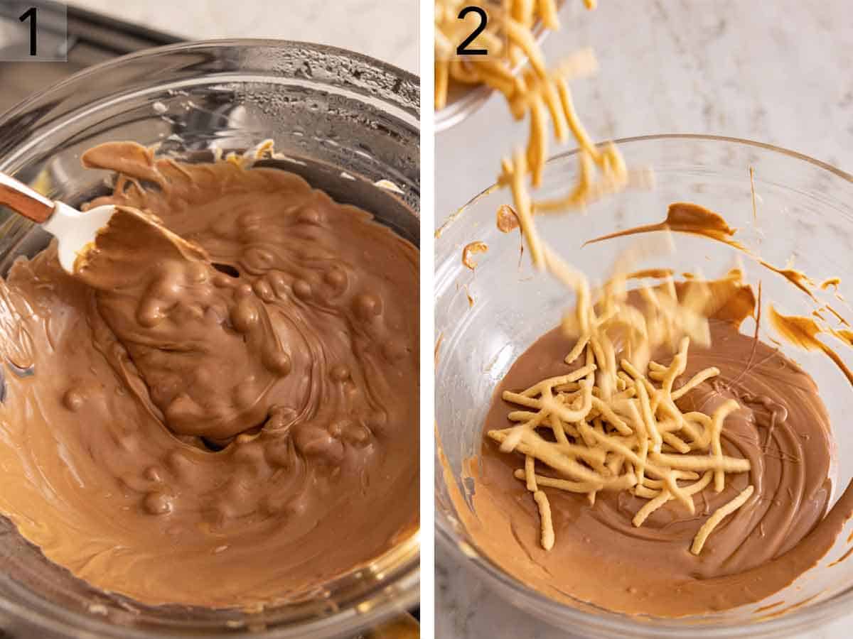 Set of two photos showing chips melted and noodles added to the melted chocolate.
