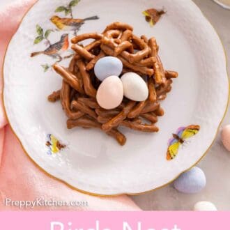 Pinterest graphic of an overhead view of a plate with a birds nest cookie.