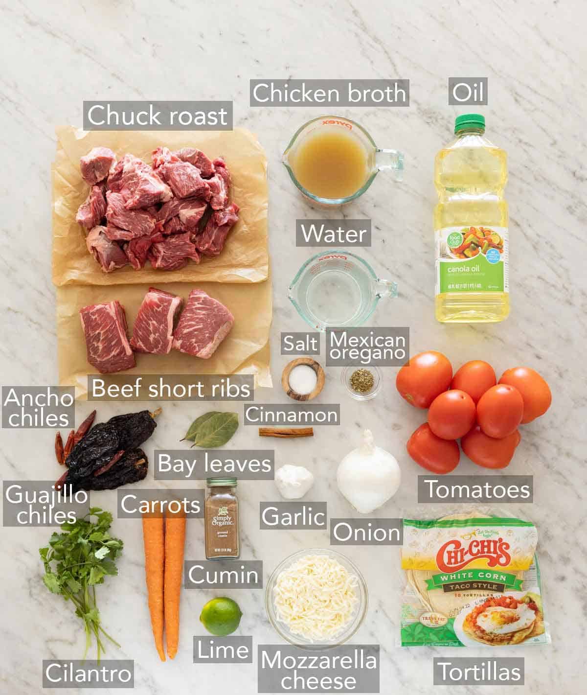 Ingredients needed to make birria tacos.