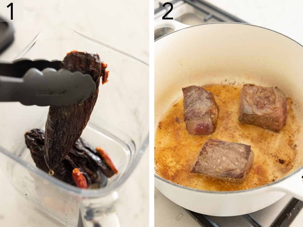 Set of two photos showing peppers added to a blender and beef seared in a pot.