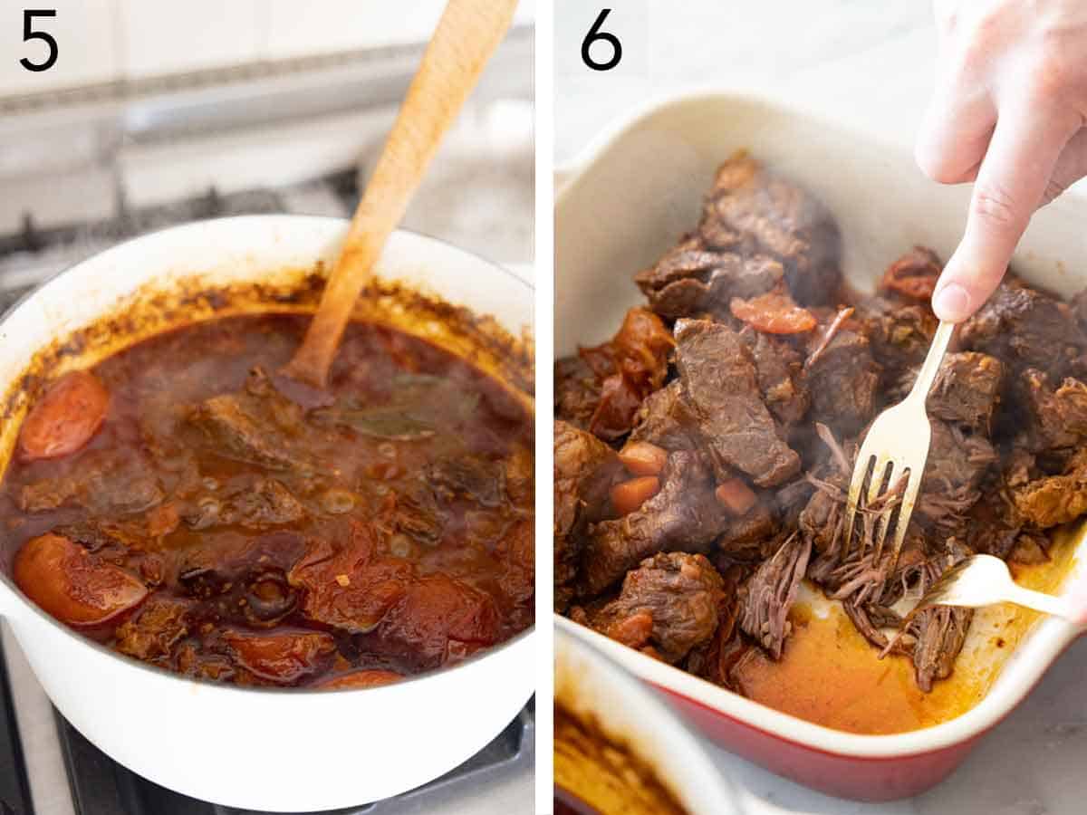 Set of two photos showing mixture in the pot simmering and then the beef shredded.