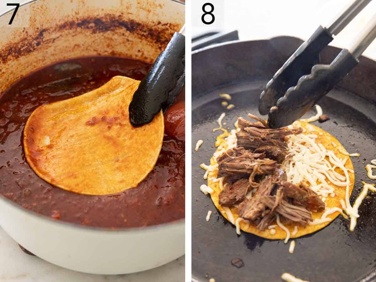 Set of two photos showing tortilla added to the sauce before placed on a skillet with taco toppings.