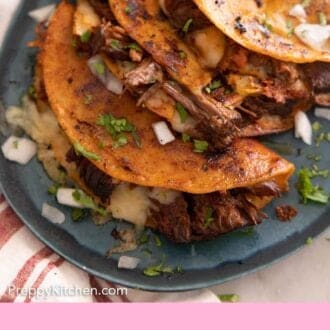 Pinterest graphic of a platter with three birria tacos with chopped herbs on top.