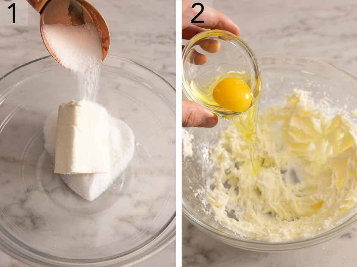 Set of two photos showing sugar added to cream cheese and egg added after the cream cheese has been beaten.