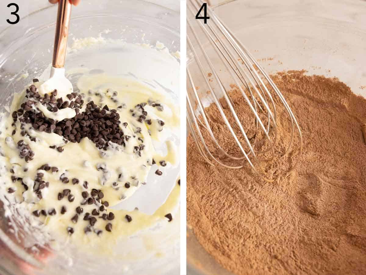 Set of two photos showing chocolate chips stirred into cream cheese and dry ingredients whisked.