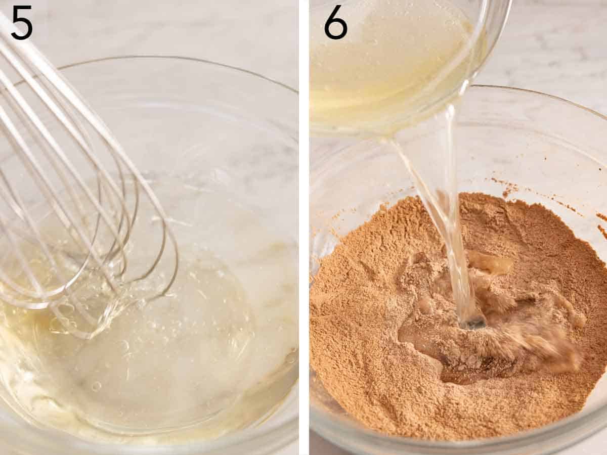 Set of two photos showing wet ingredients whisked and poured into the dry ingredients.
