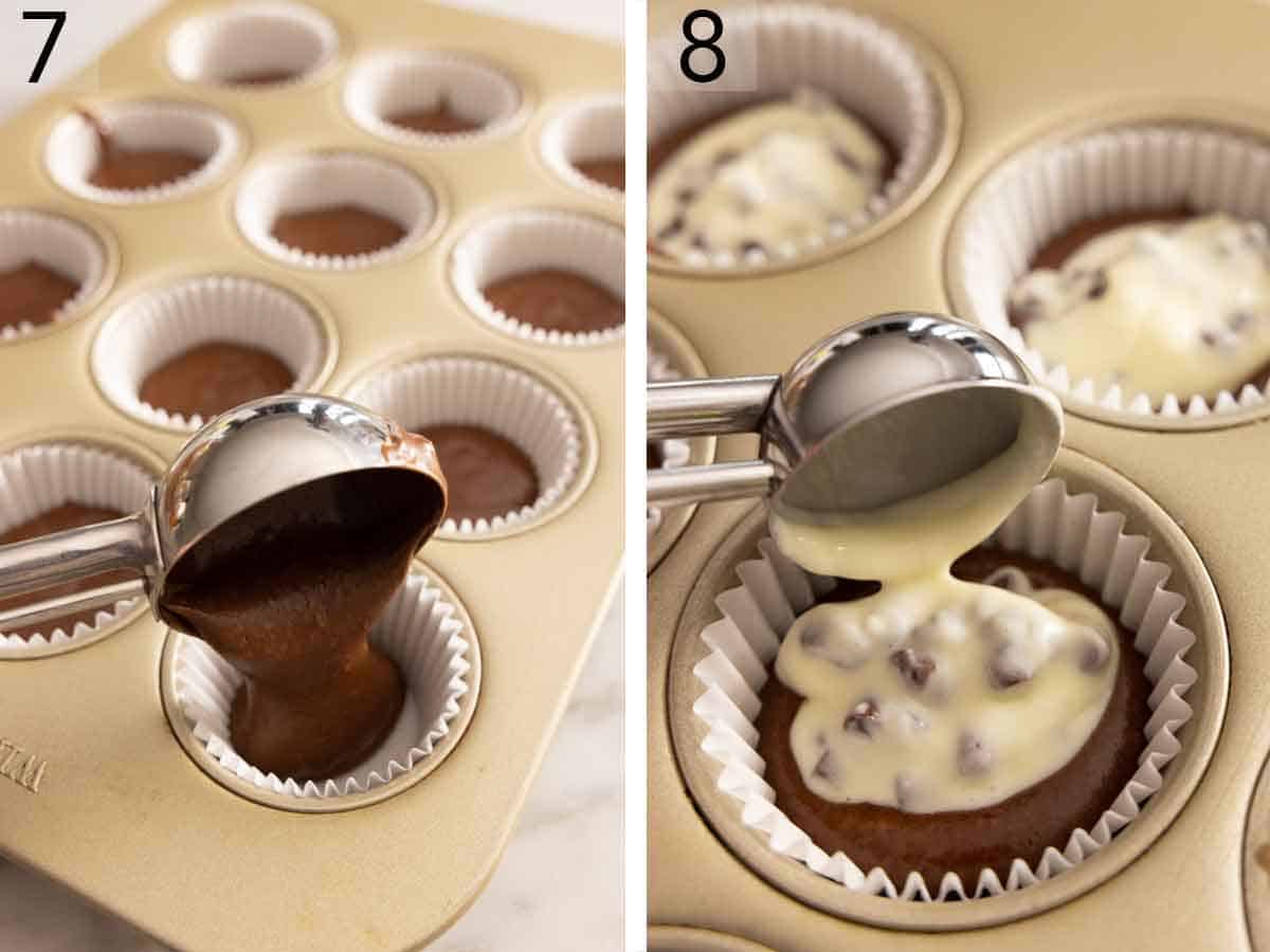 Set of two photos showing chocolate batter added to a liner and a scoop of cream cheese batter added on top.