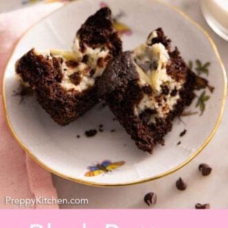 Pinterest graphic of a black bottom cupcake cut in half on a plate.