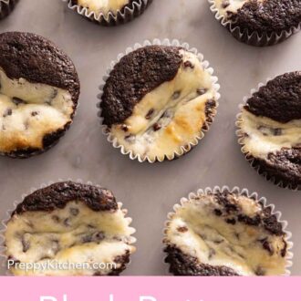 Pinterest graphic of an overhead view of multiple black bottom cupcakes.