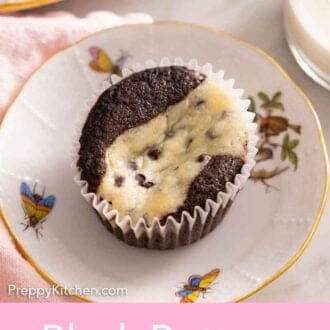 Pinterest graphic of a plate with a black bottom cupcake.