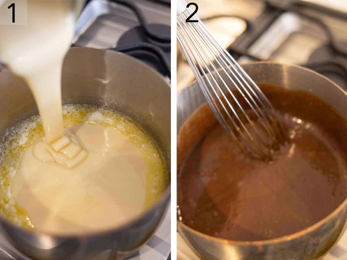 Set of two photos showing butter, condensed milk, and cocoa cooked together in a saucepan.