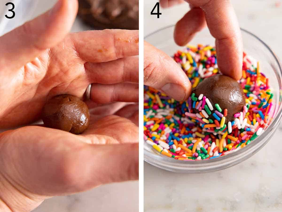 Set of two photos showing the chocolate mixture rolled and coated in sprinkles.