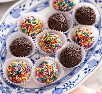 Pinterest graphic of a platter of multiple sprinkle-covered brigadeiros.