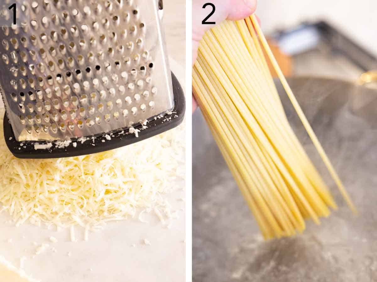 Set of two photos showing cheese grated and pasta added to boiling water.
