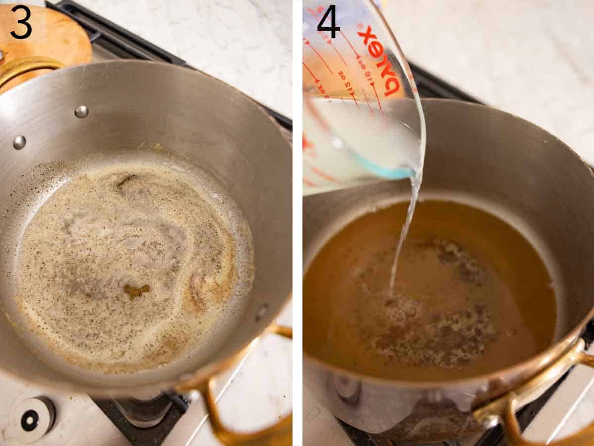 Set of two photos showing butter melted in a pot and pasta water added.