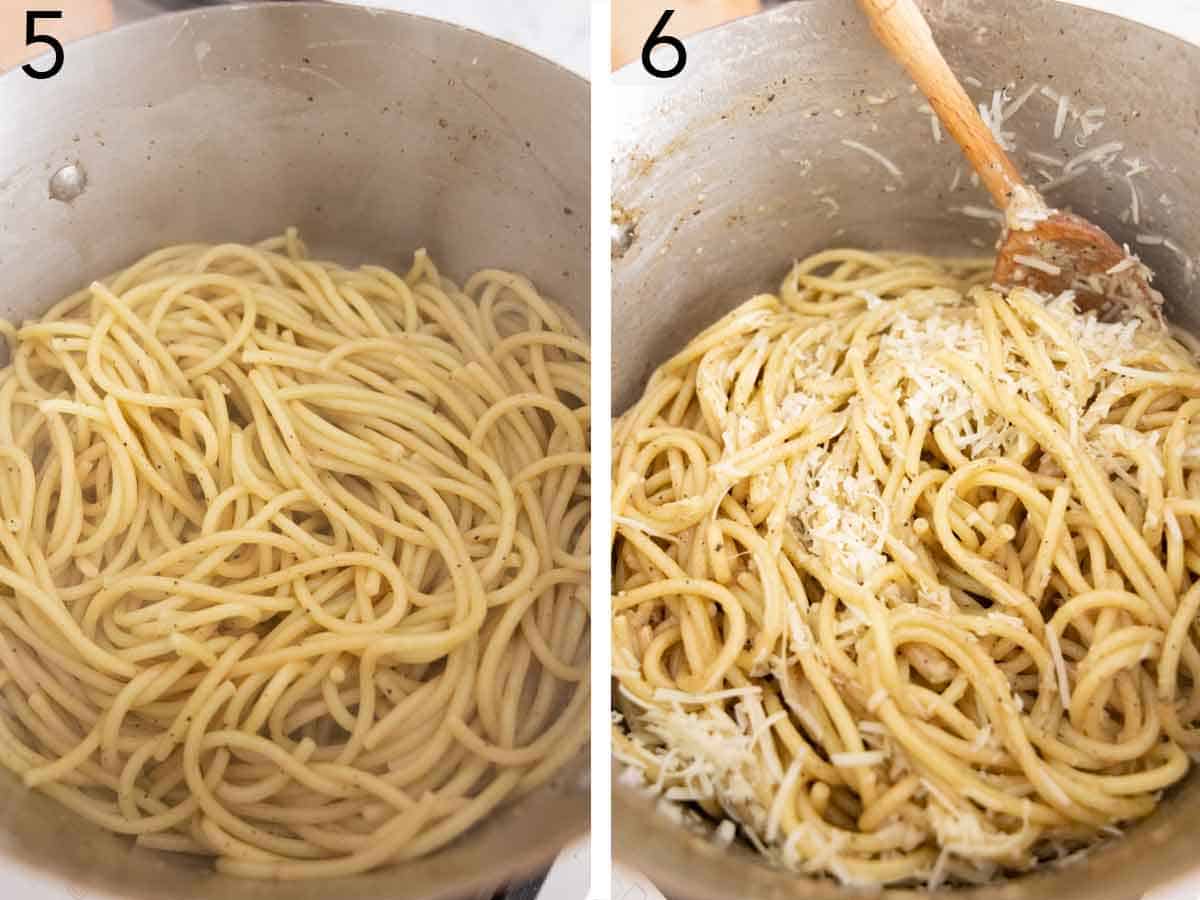 Set of two photos showing pasta added to the pot and tossed with grated cheese.