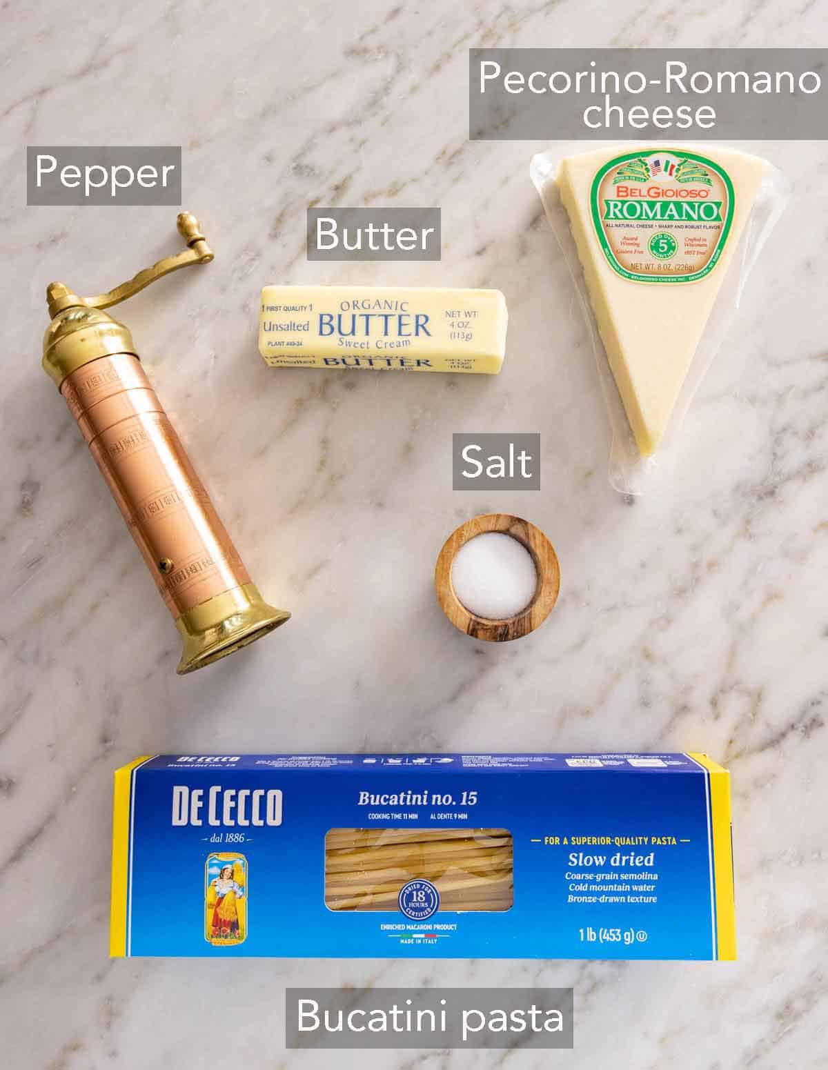 Ingredients needed to make cacio e pepe.