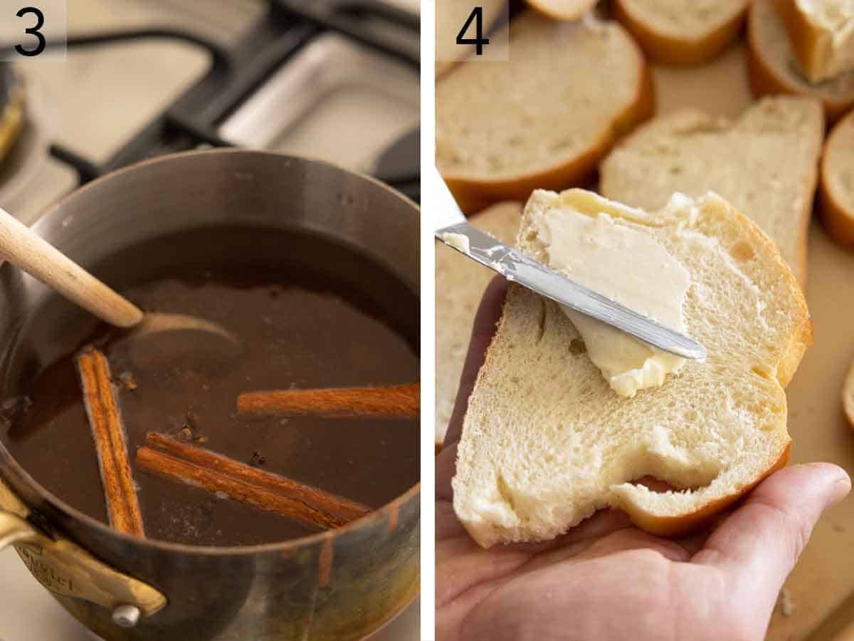 Set of two photos showing syrup simmered and butter spread onto bread.
