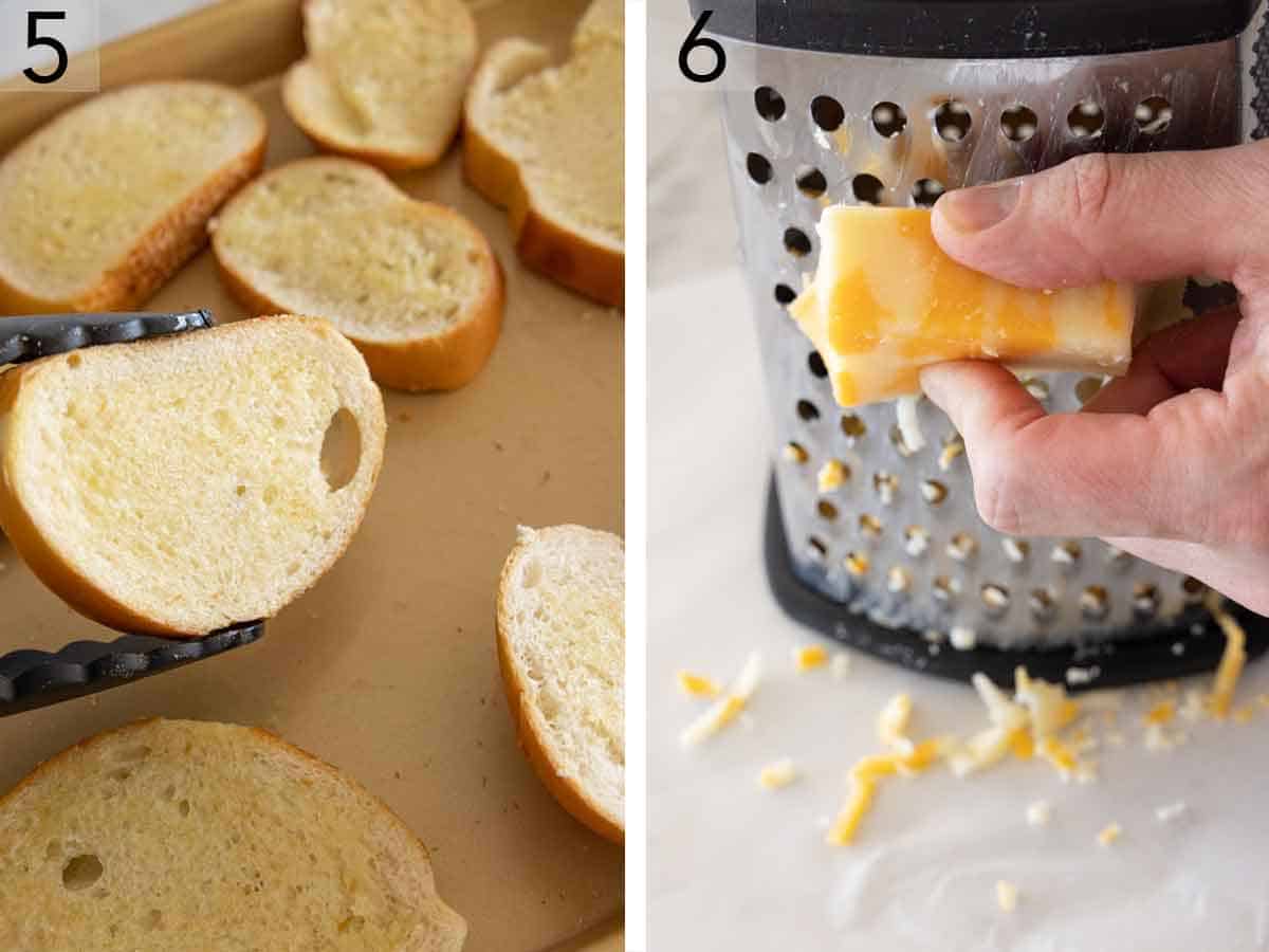 Set of two photos showing bread toasted and cheese grated.