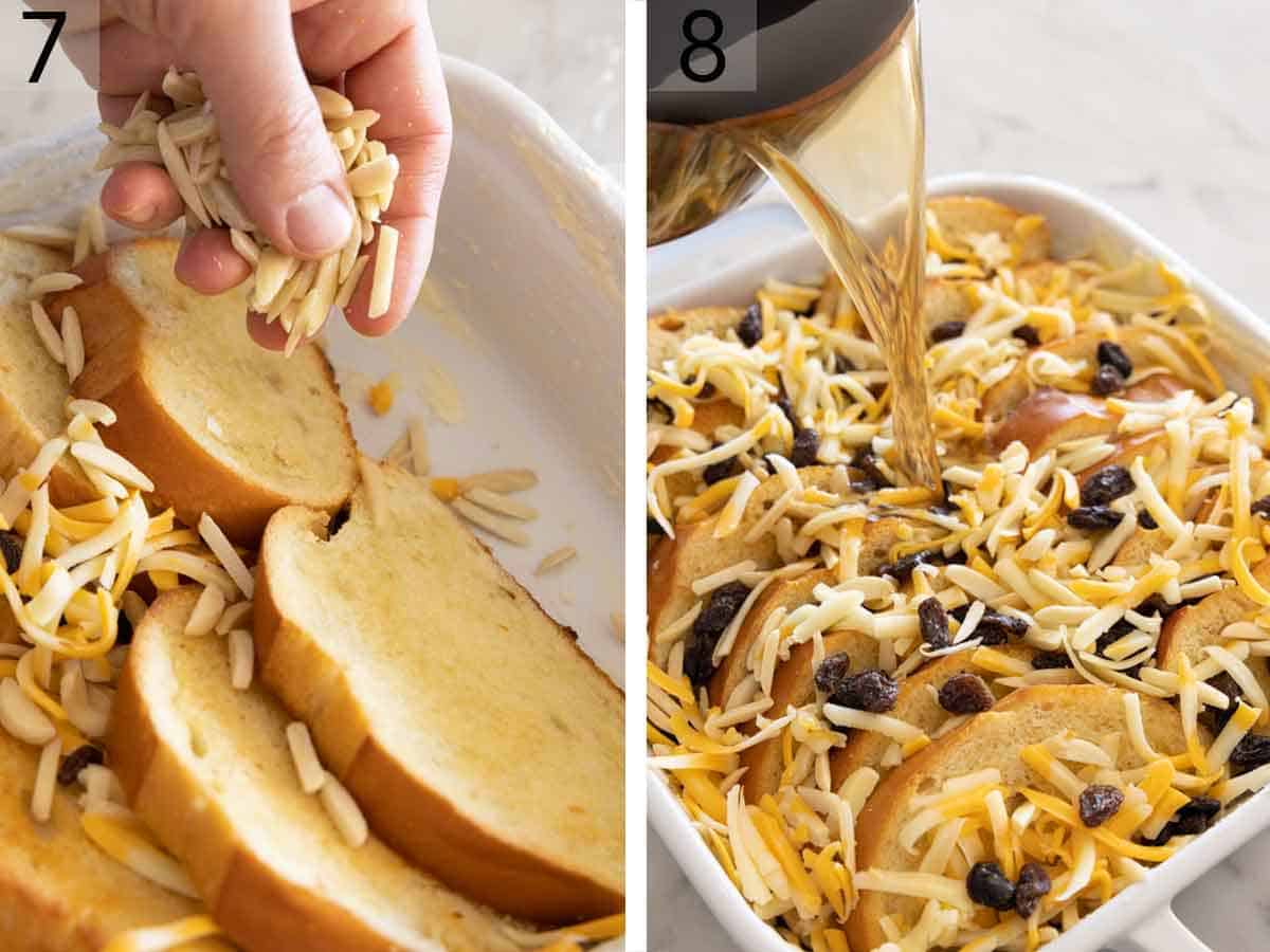 Set of two photos showing cheese, raisins, and almonds sprinkled over bread and syrup poured over top.