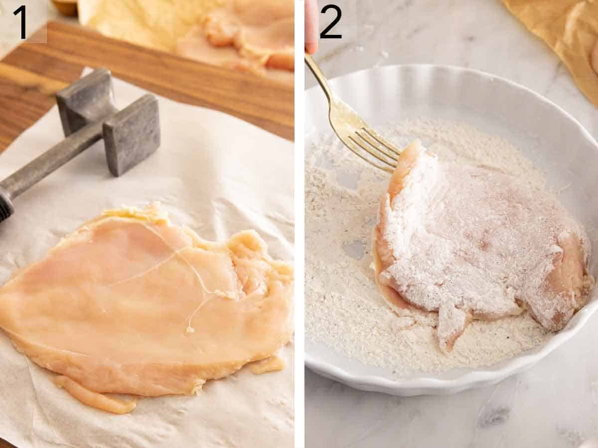Set of two photos showing chicken pounded thin and coated in flour.