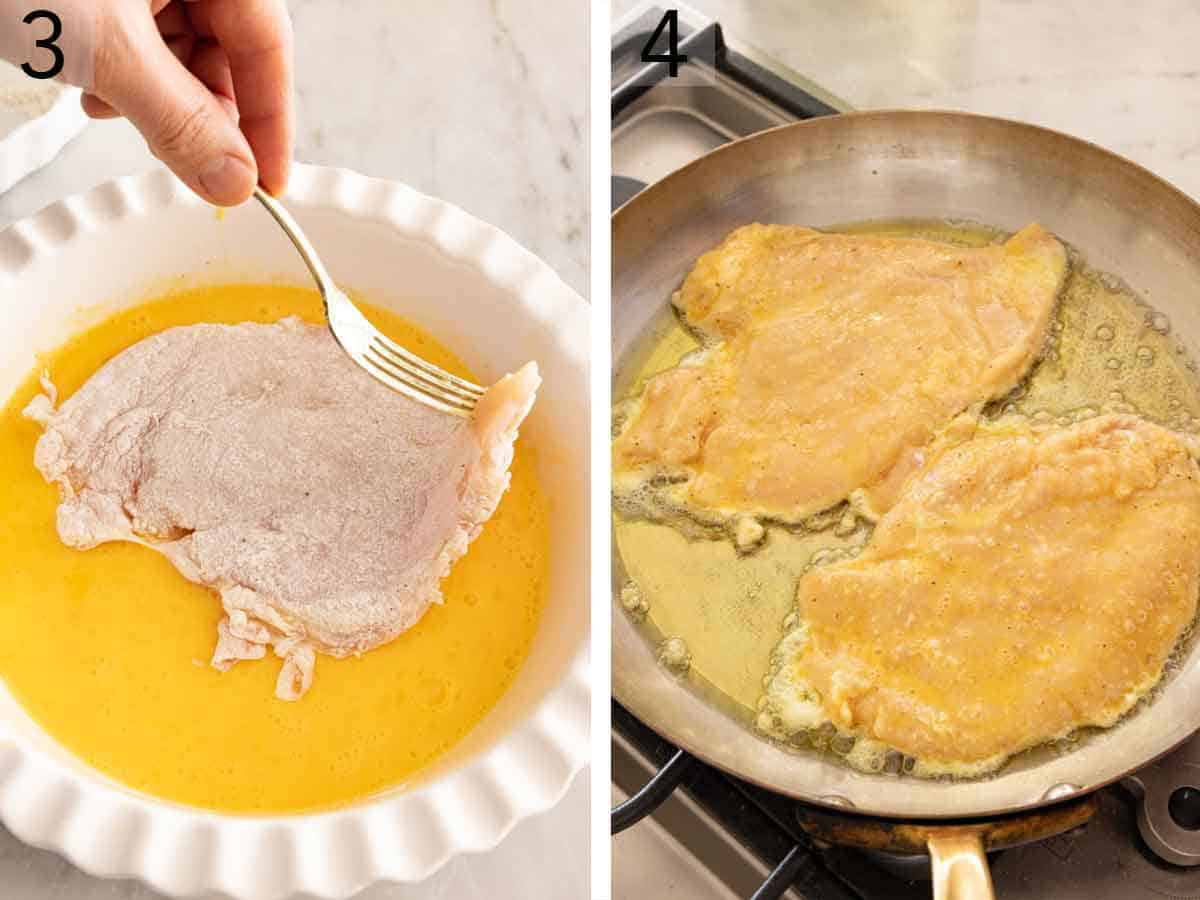 Set of two photos showing flour-coated breasts dipped in egg and pan-fried.