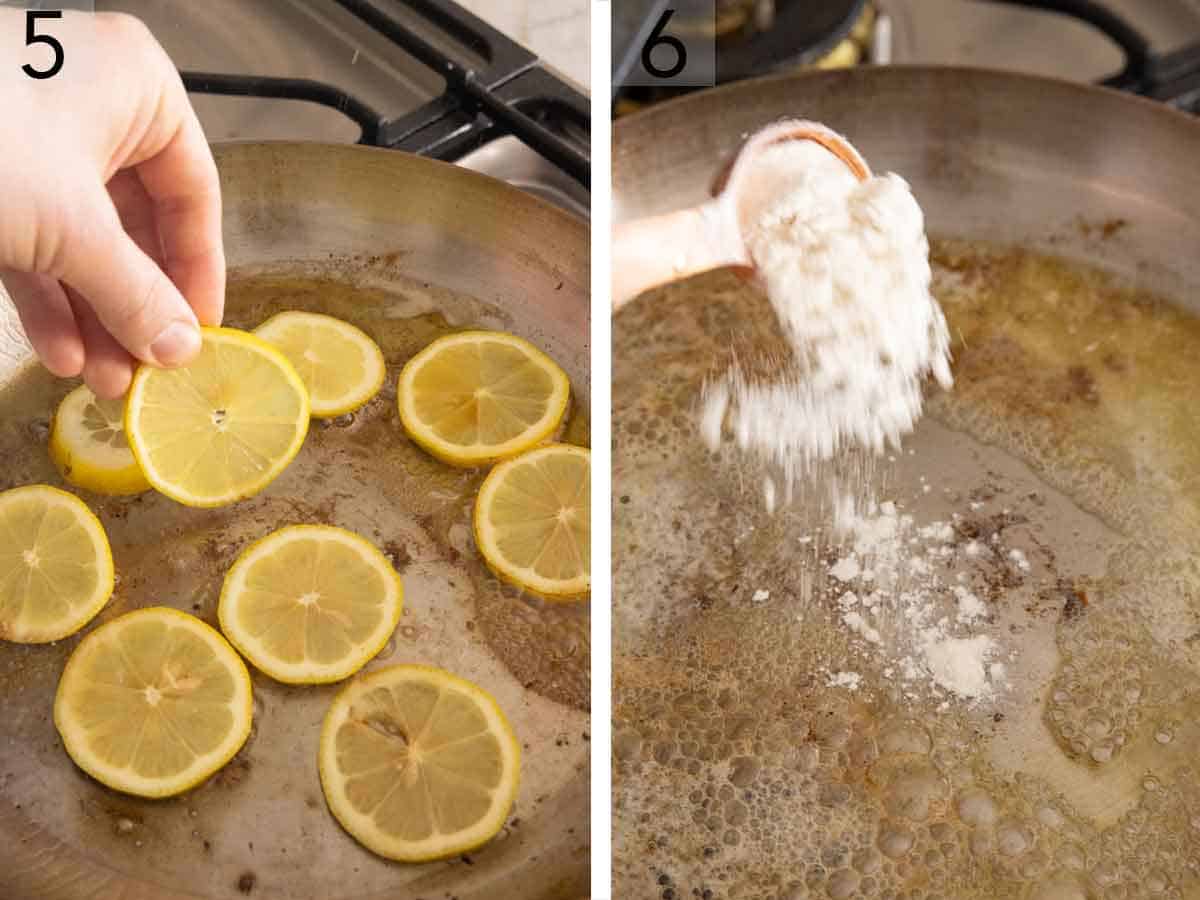 Set of two photos showing lemon slices cooked in a skillet and flour added to a skillet.