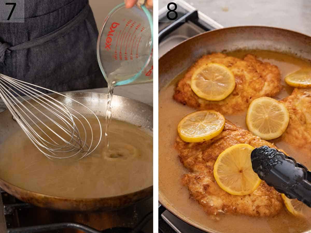 Set of two photos showing liquid whisked into the skillet to make a sauce and then chicken and lemon slices returned to the pan.