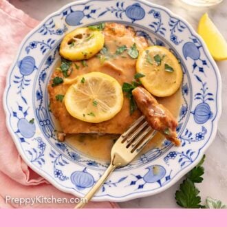 Pinterest graphic of a plate of chicken Francese with a bite on a fork, by a glass of wine.